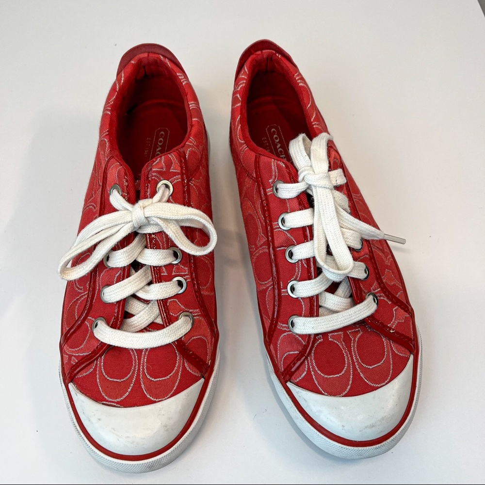COACH Barrett Monogram Sneakers Red and White Low Profile Women’s Size 8